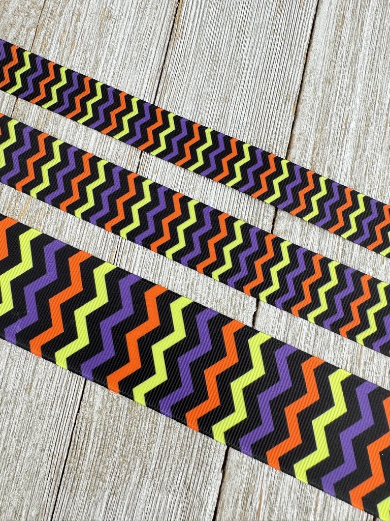 Lot 2 Bright Halloween Bright Chevron Stripe Printed Grosgrain Ribbon - 5/8" - 7/8" - 1.5" - Sew - Craft - Costume - Printed Ribbon - Collar - Tag- Printed Ribbon - Collar - Tag