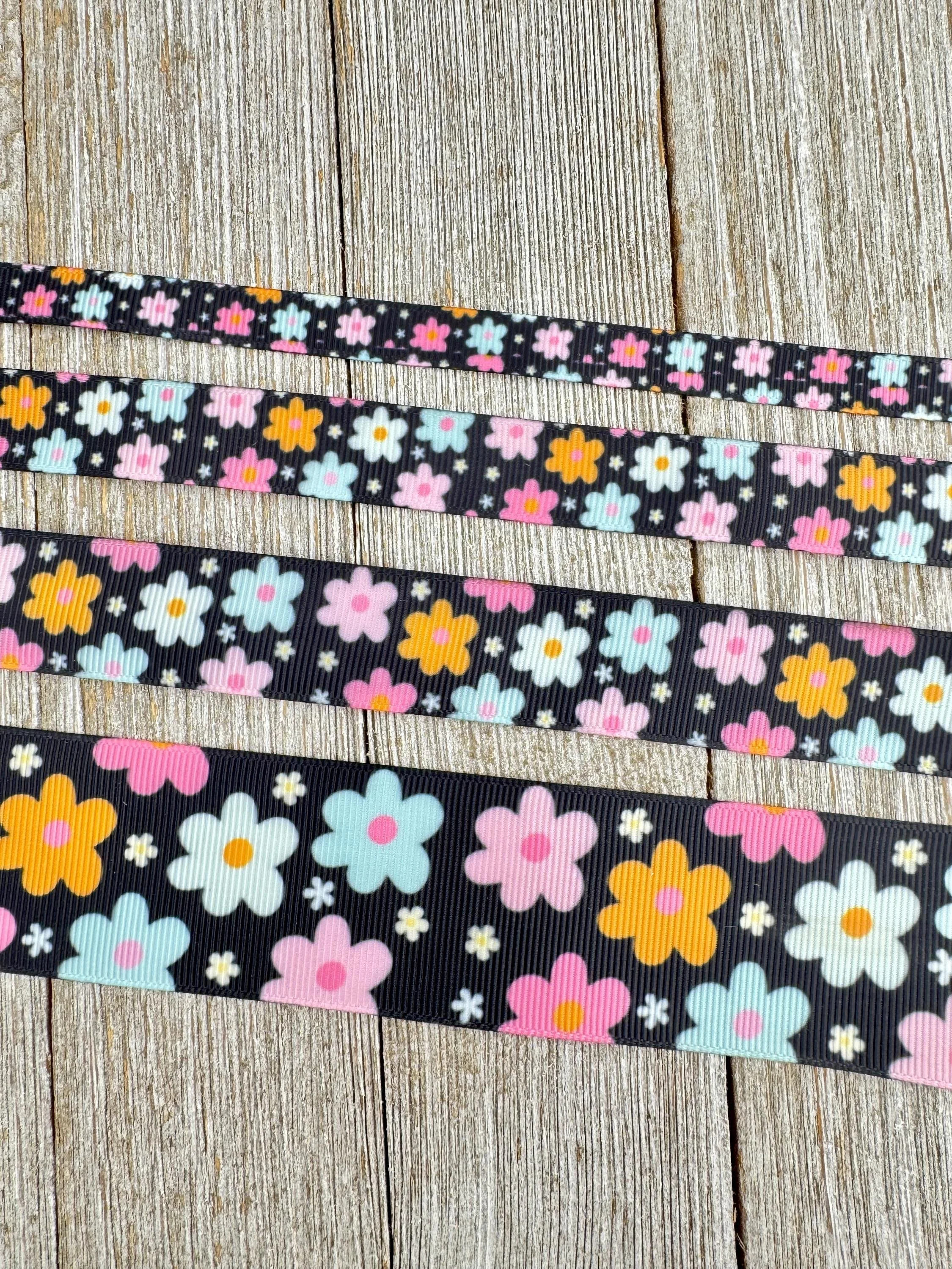 Pastel Flowers on Black Printed Grosgrain Ribbon - 3/8" - 5/8" - 7/8" - 1.5" - Sew - Craft - Gift Wrap - Hair Bow - Luggage Tag - Hat Band