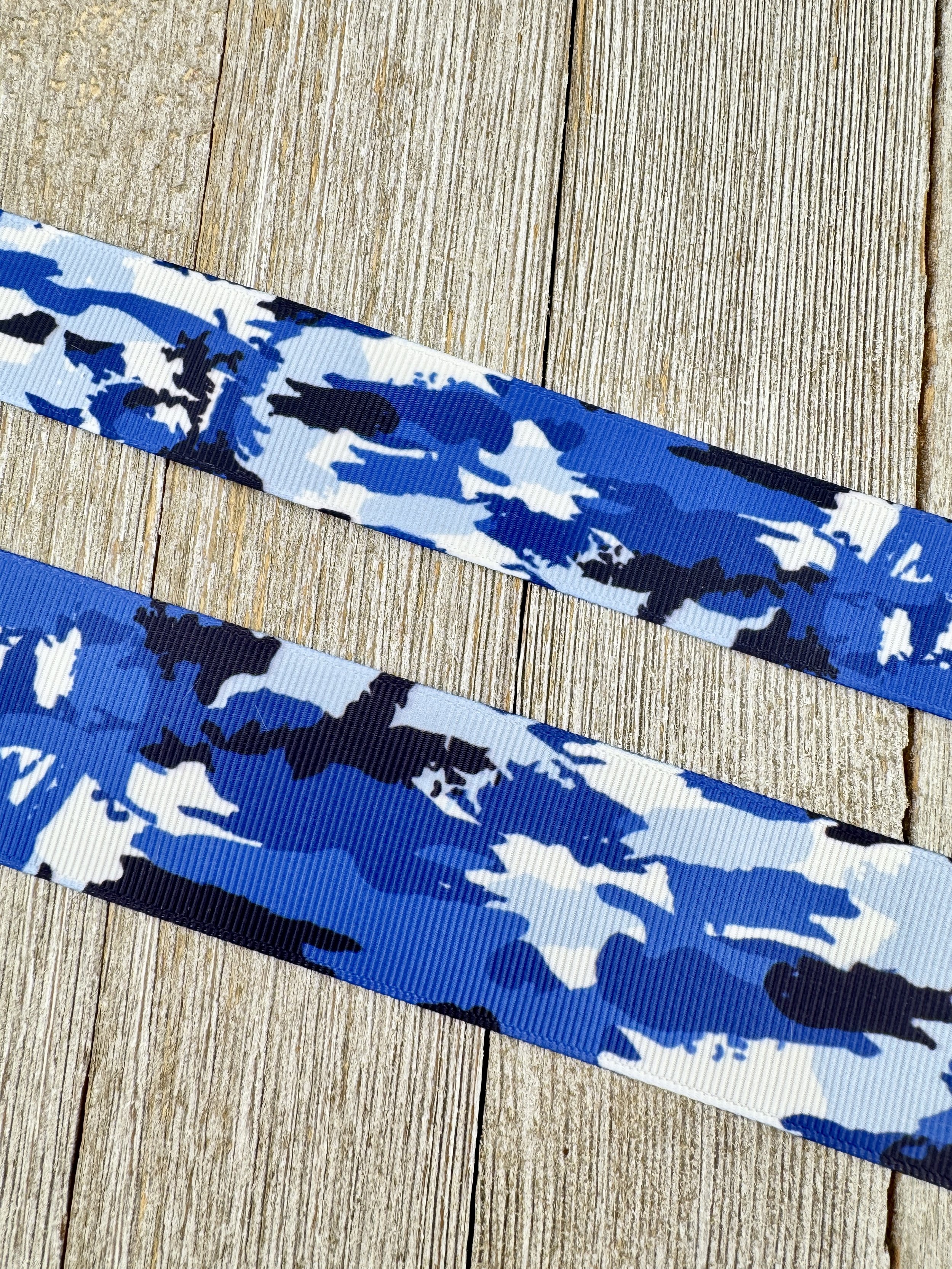 Blue Black White Camouflage Printed Grosgrain Ribbon - 1" - 1.5" - Sew - Craft - Bow - Dog Collar - Key Fob - Party - Lanyard - Luggage Tag