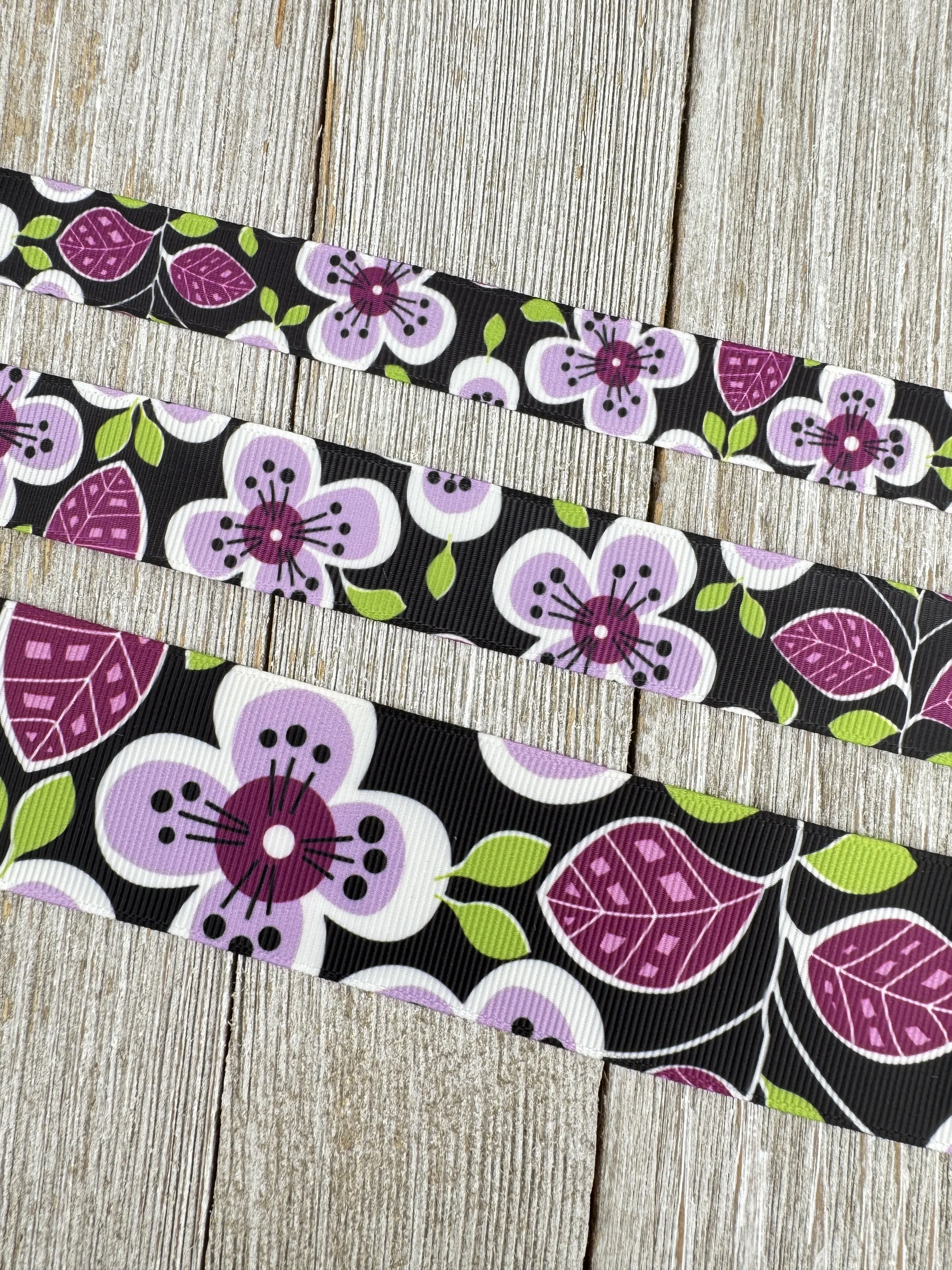 Purple Floral On Black Printed Grosgrain Ribbon - 5/8" - 7/8" - 1.5” - Sew - Craft - Hair Bow - Luggage Tag - Gift Wrap