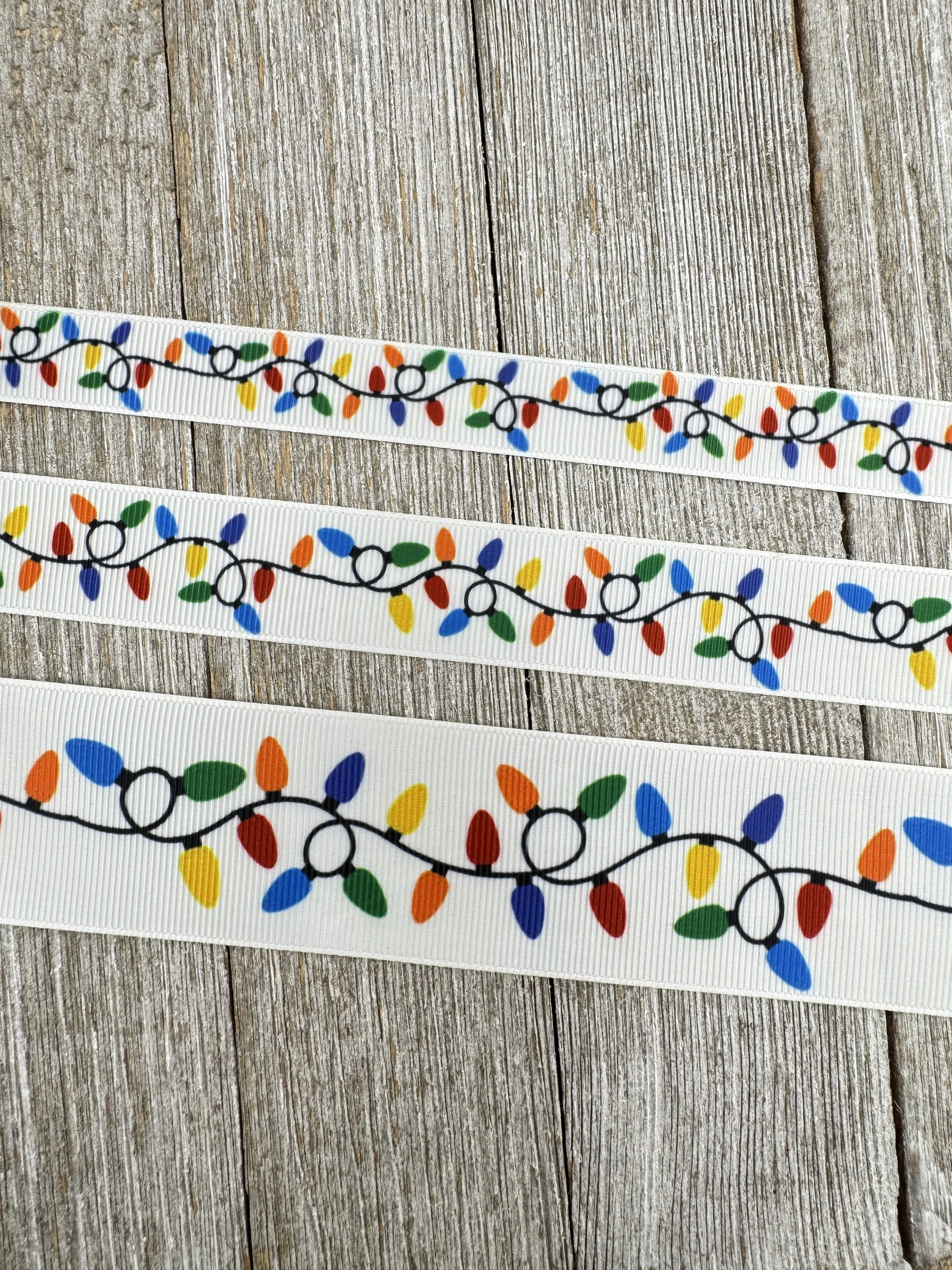 Bright Tree Lights On Grosgrain Printed Christmas Ribbon: 5/8", 7/8", 1.5", Holiday Decor, Gift Wrap, Hair Bow, Dog Collar