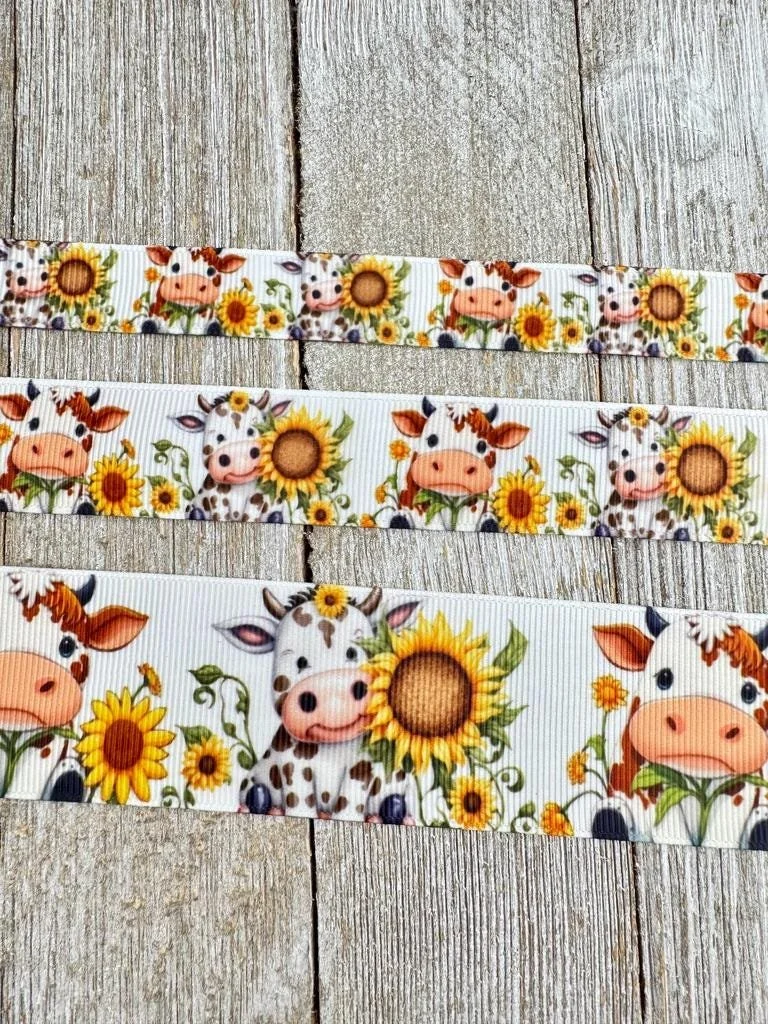 Cow & Sunflower Print Animal Grosgrain Printed Ribbon - 5/8" - 7/8" - 1.5" - Sew - Craft - Tag - Bow - Diaper Cake - Baby Shower - Gift Wrap