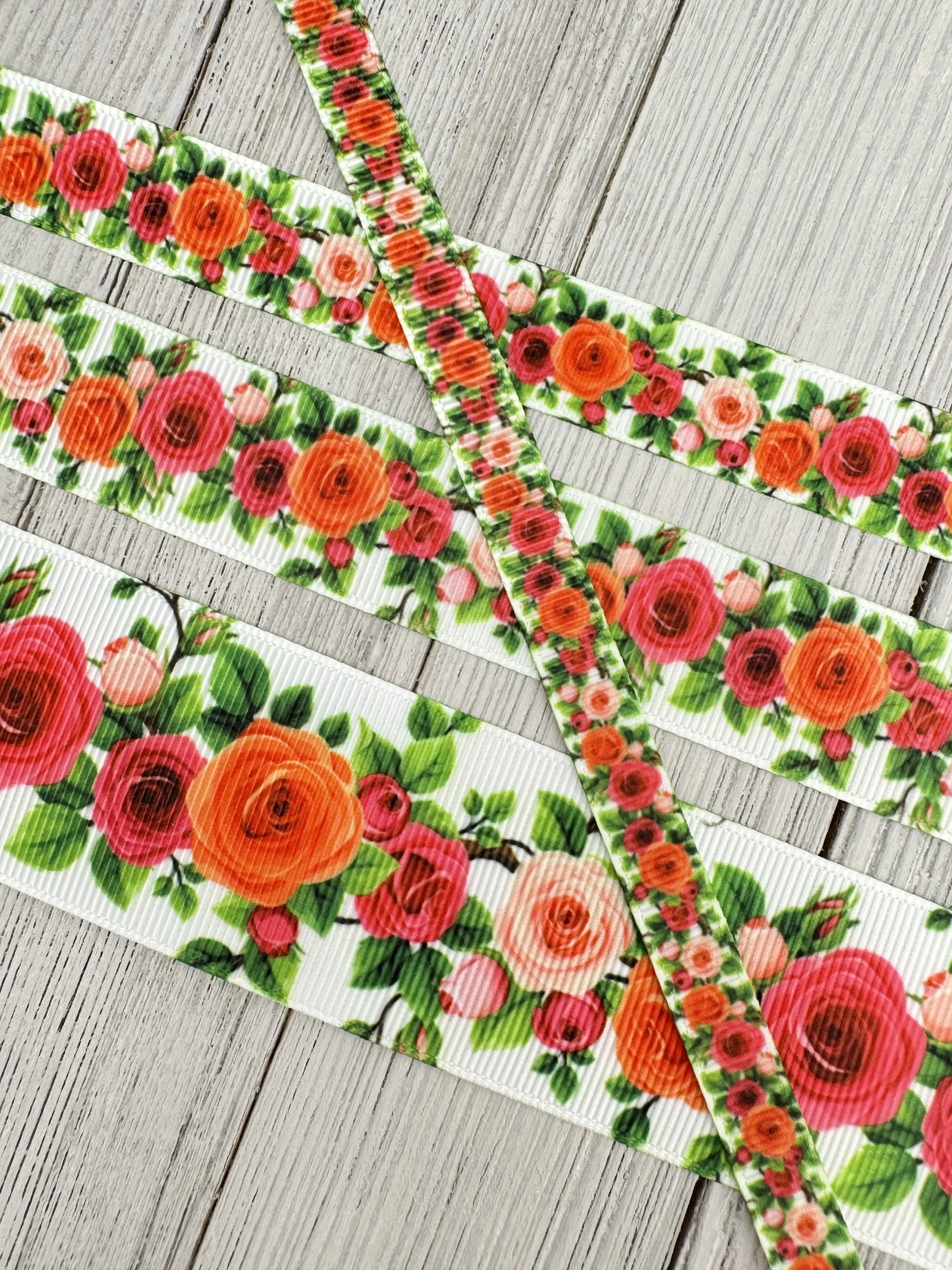 Deep Pink, Orange & Peach Rose Blooms Grosgrain Printed Ribbon: 3/8", 5/8", 7/8", 1.5", Sewing Notion, Wedding Shower, Gift Wrap, Tag