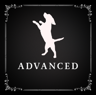 Silhouette of a dog standing on its hind legs with front paws raised, above the word "ADVANCED," all in white on a black background, with decorative corner borders.