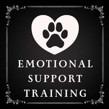 A black background sign with a white heart and paw print inside it, reading "Emotional Support Training" in white capital letters, framed with decorative borders.