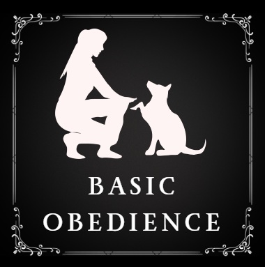 Silhouette of a woman kneeling and petting a dog, with the text 'Basic Obedience' below, framed with decorative borders.