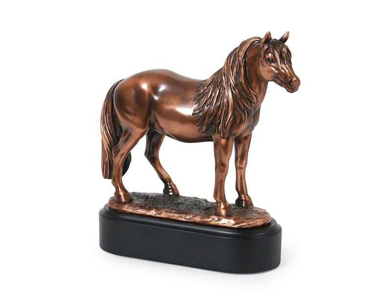 A detailed copper plated sculpture of a standing Pony, gracefully posed on a black base, showcasing its elegant features and flowing mane.