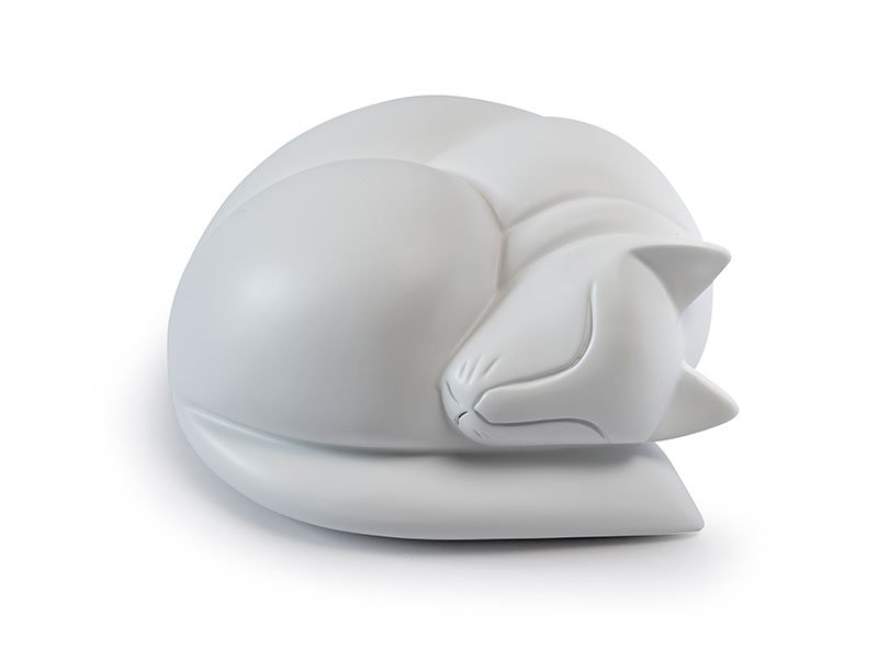A smooth, cast resin white figurine of a curled-up sleeping cat with a minimalist, elegant design.