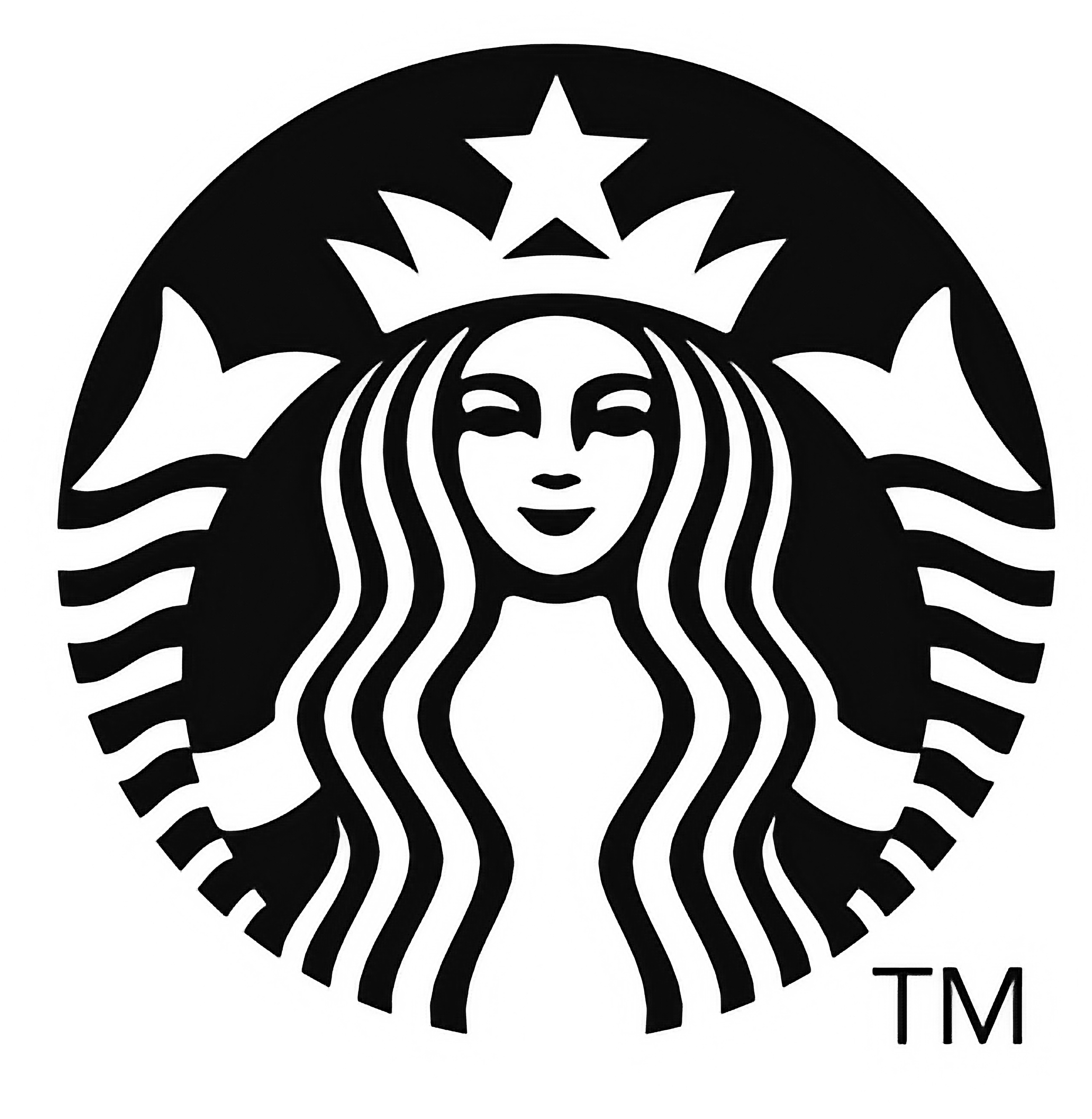 Black and white logo of a smiling woman with long wavy hair, surrounded by a crown, star, and sunburst design, with 'TM' at the bottom right.