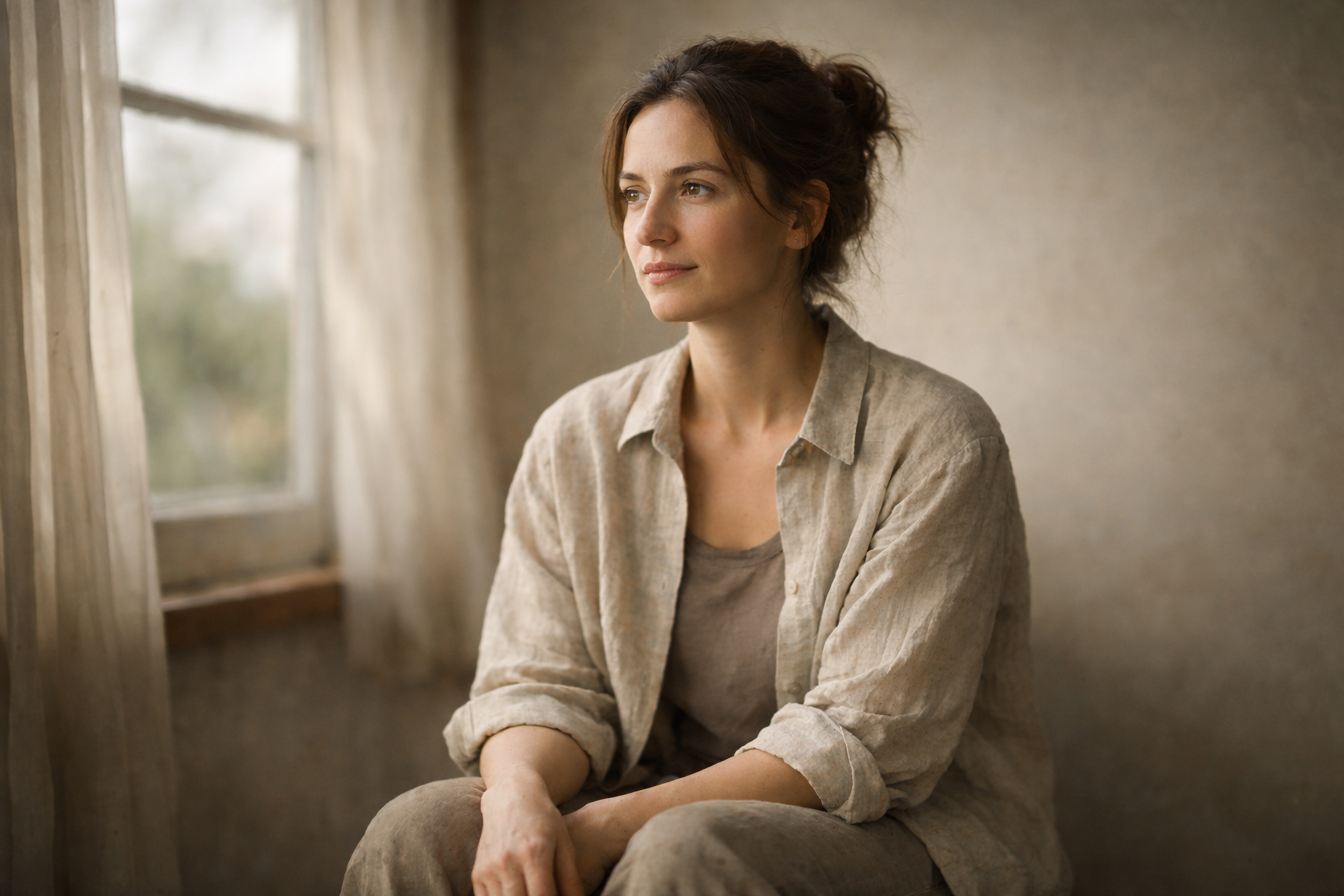 A young woman with brown hair tied in a bun, wearing a beige shirt and sitting by a window with sheer curtains, gazing thoughtfully outside.