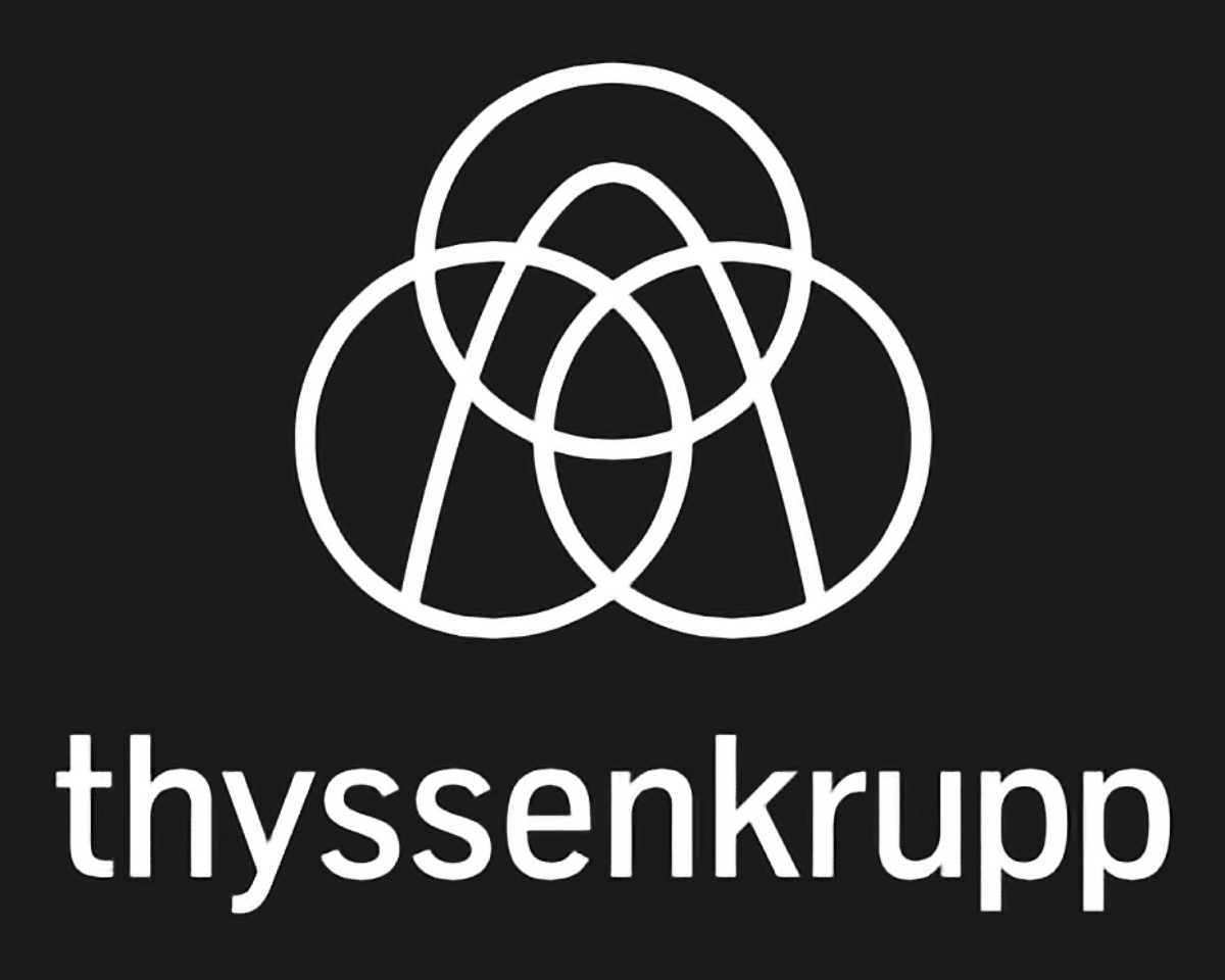 A black background with a white geometric logo composed of overlapping circles and lines, and the word "thyssenkrupp" written below.