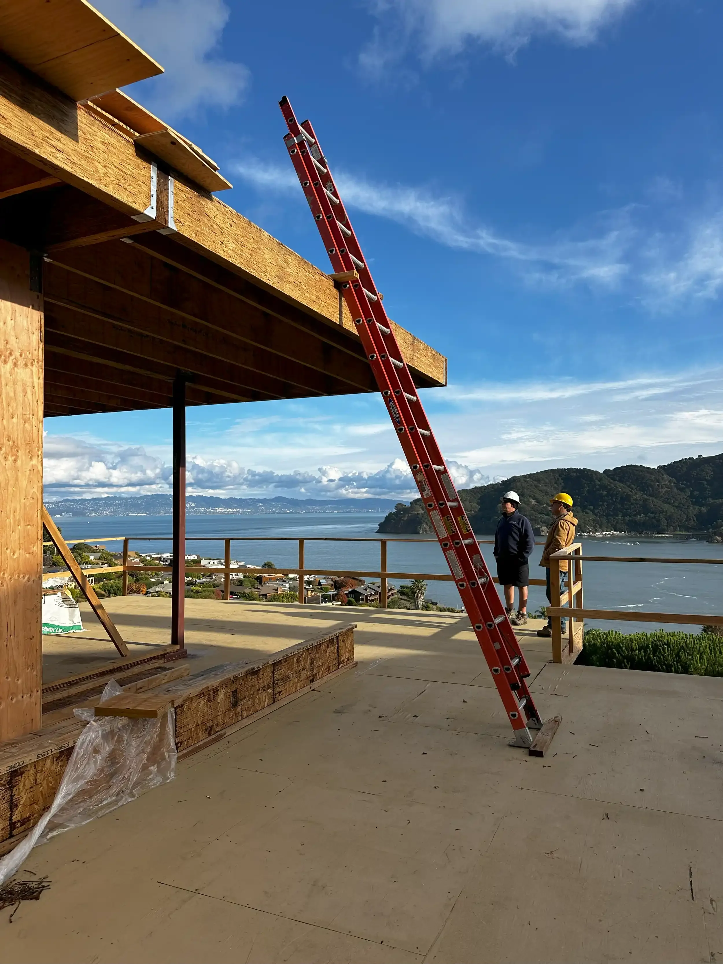a-crane-is-attached-to-a-wooden-pole-near-a-building