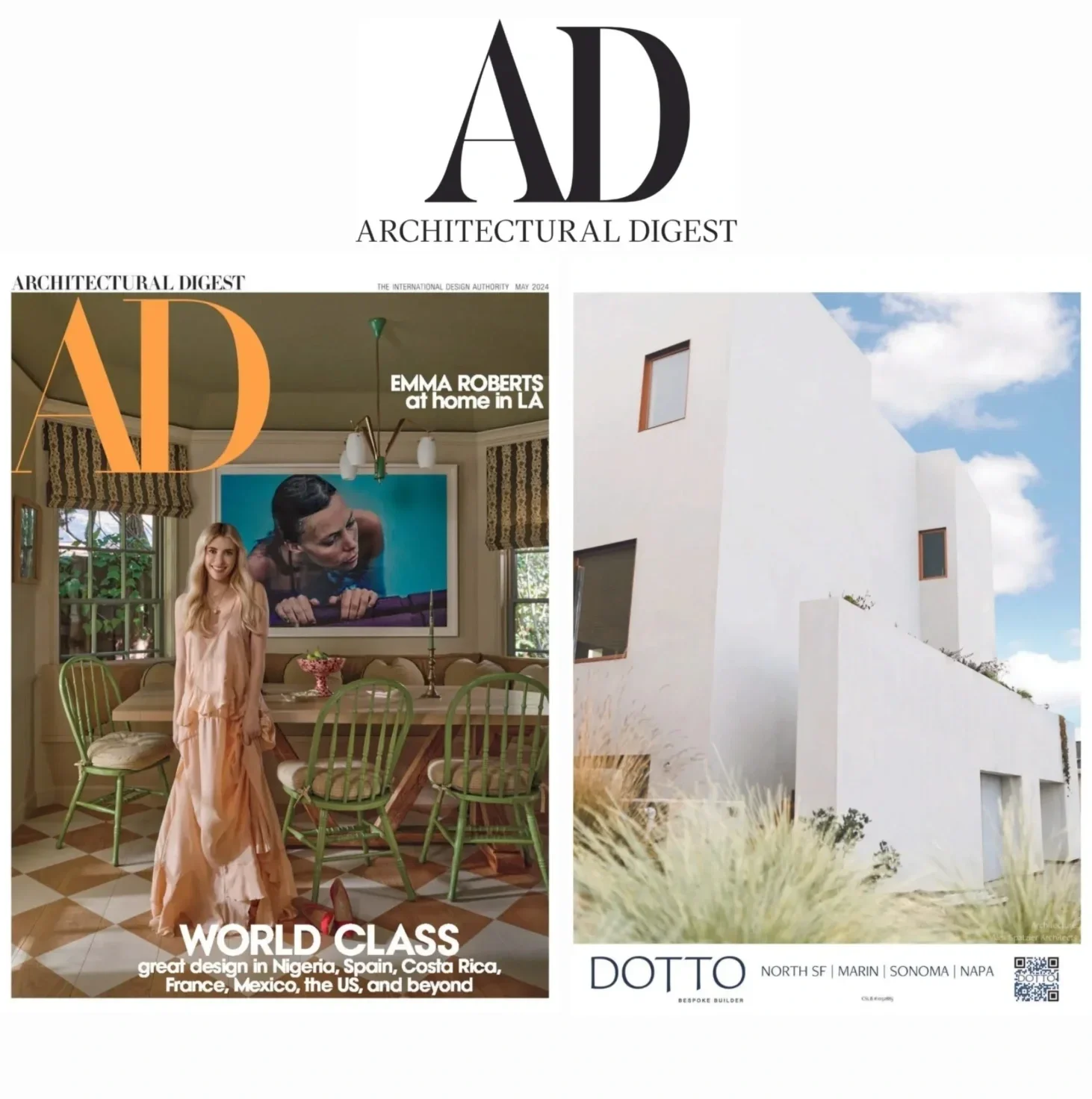 A magazine cover titled 'Architectural Digest' featuring a woman in a peach dress standing in a dining room with green chairs and a large photo on the wall of a woman with wet hair. Next to it, an exterior view of a modern white building with clean l