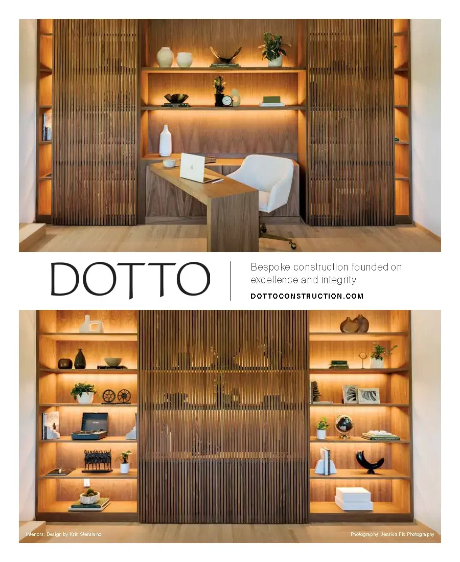Two images of modern wooden built-in shelves and desks.