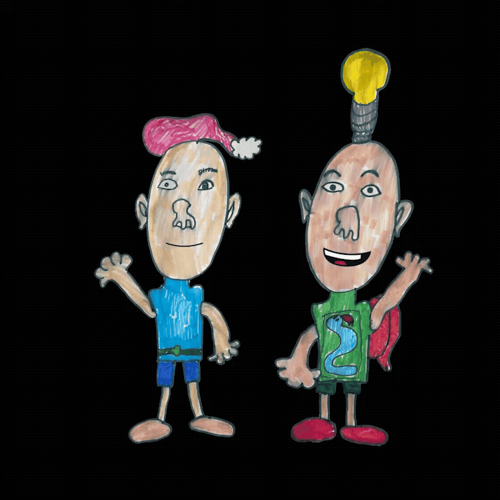 two drawings of waving people, one is wearing what looks like a santa hat and the other has a light bulb on their head.