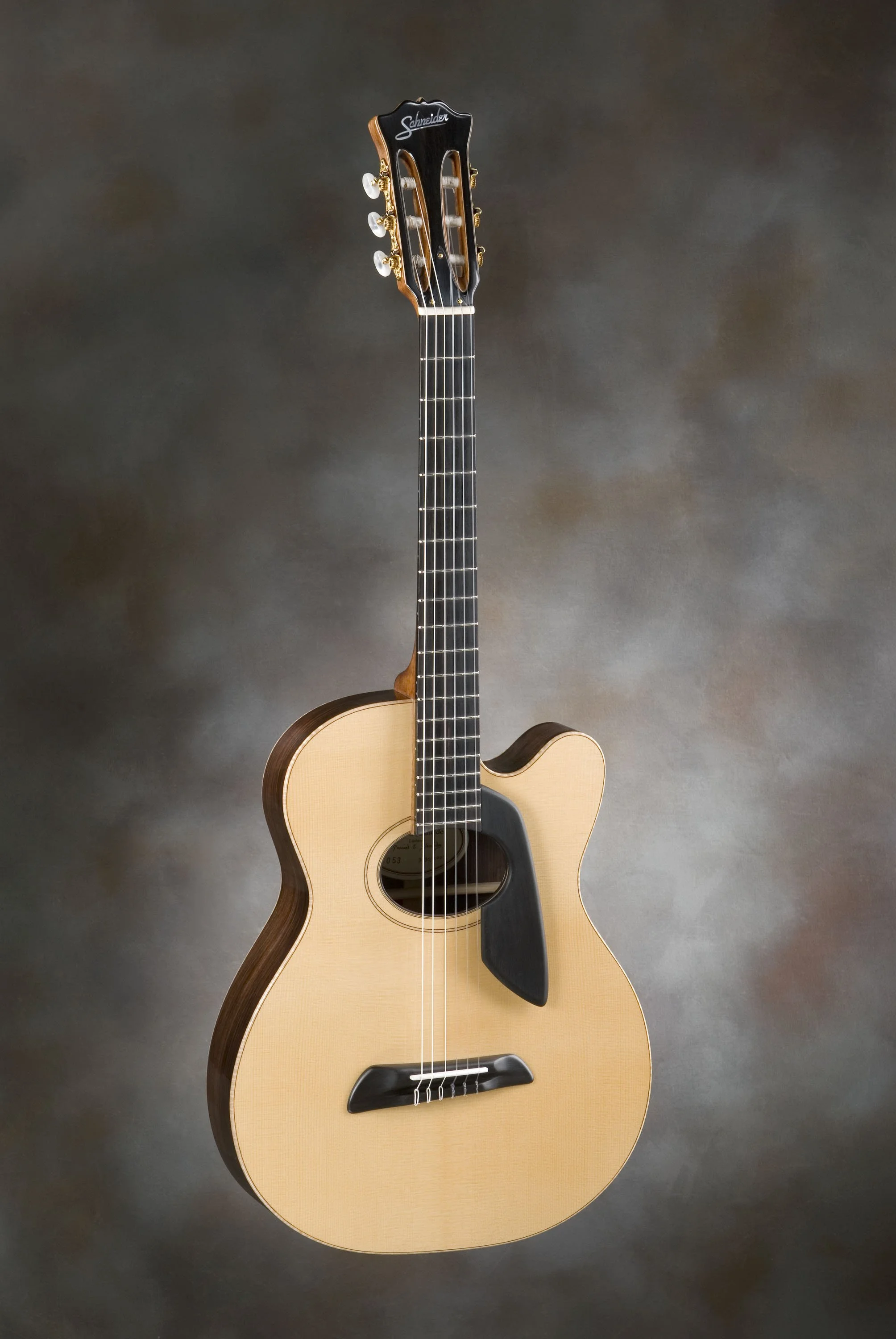 Acoustic guitar with cutaway design on a dark background.