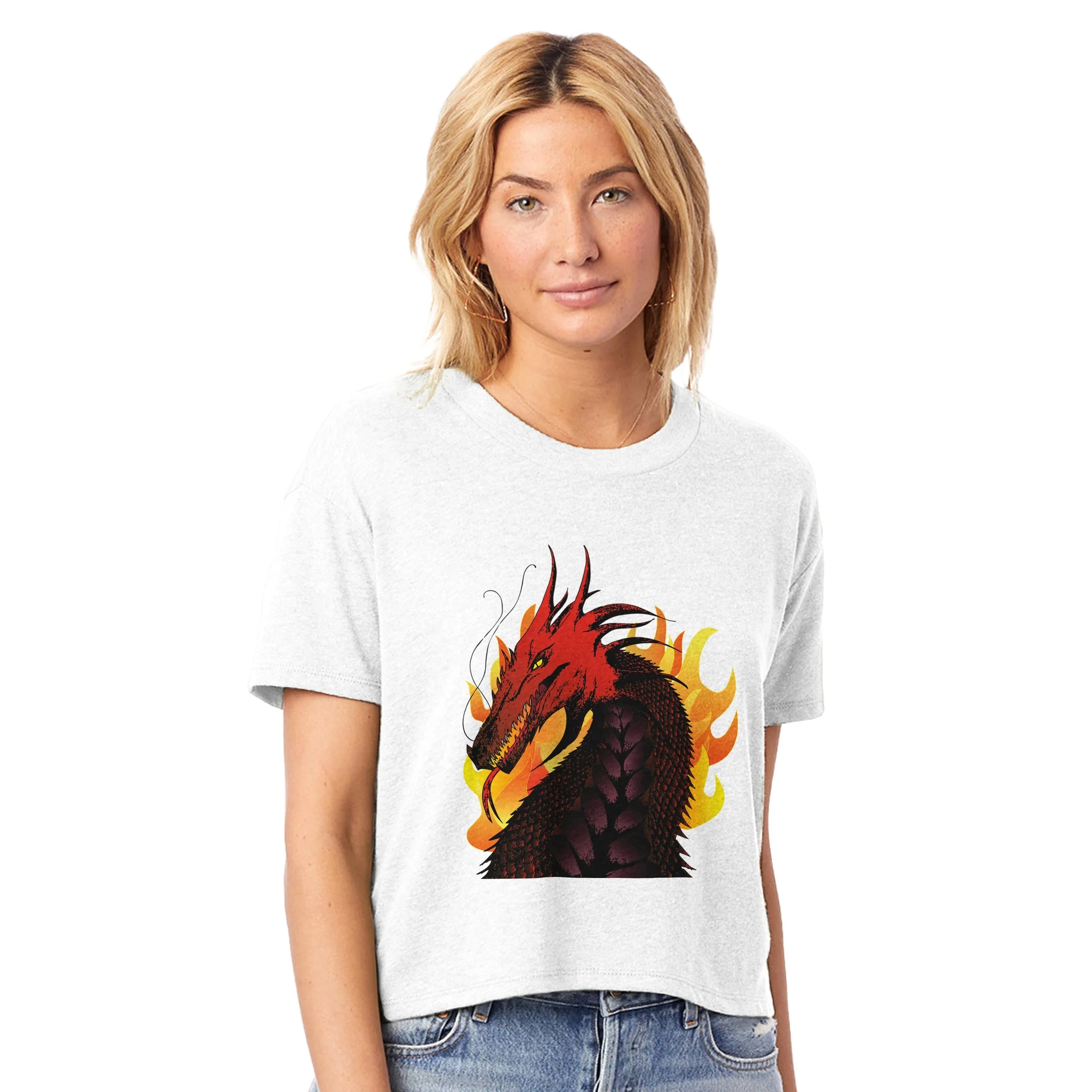 Red dragon with flames white t-shirt with blonde model