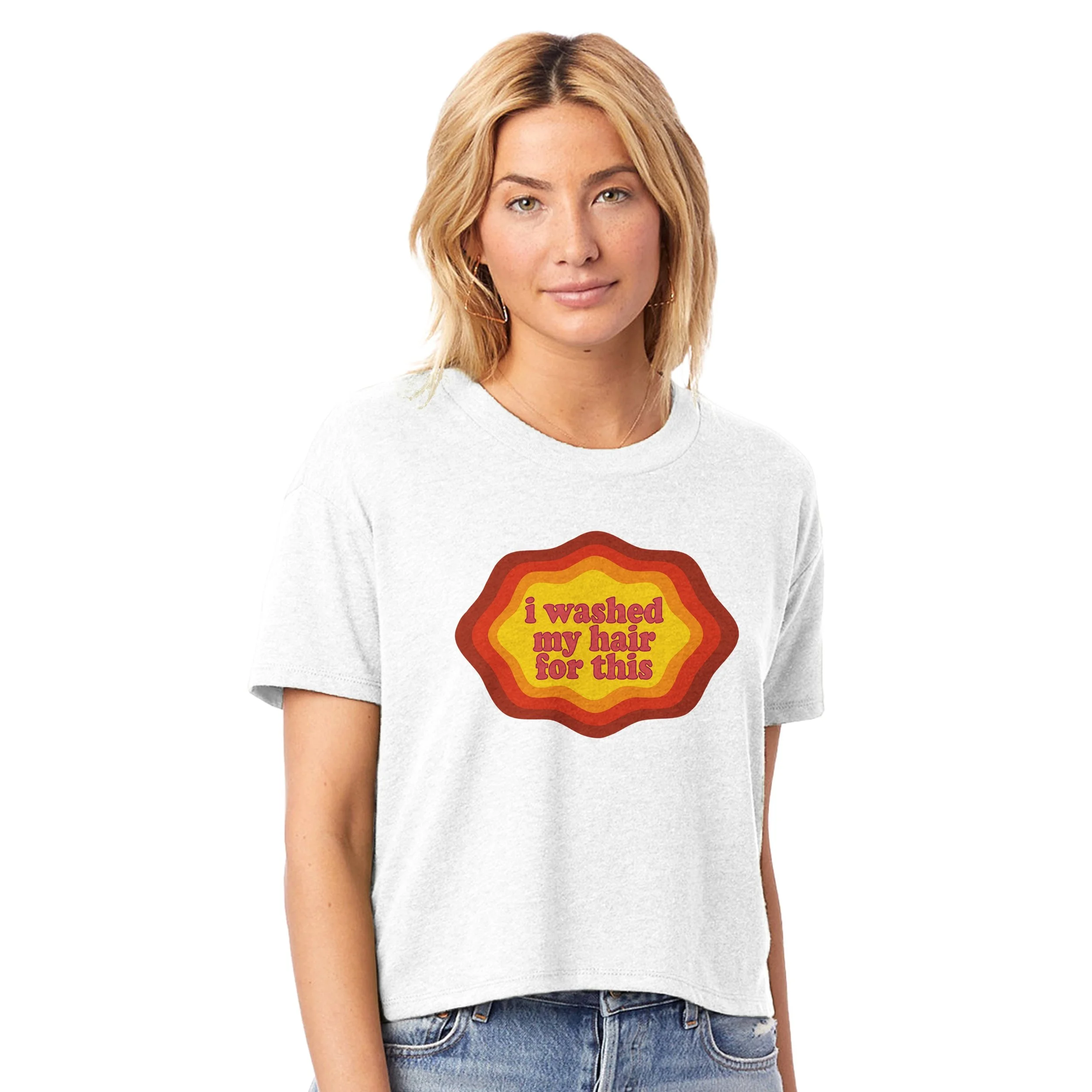 I washed my hair for this colorful waves blonde model white t-shirt