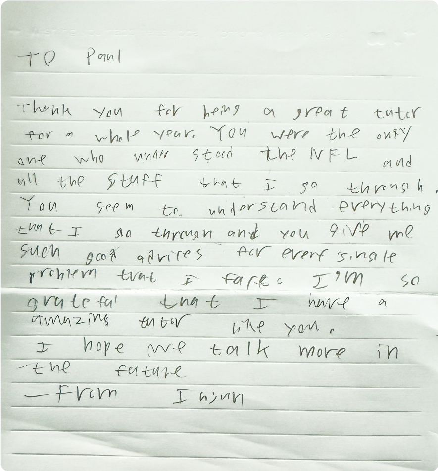 Handwritten thank-you letter from a student to their tutor, expressing gratitude for understanding and support over the year. The letter mentions the tutor's knowledge of the NFL and offering good advice.