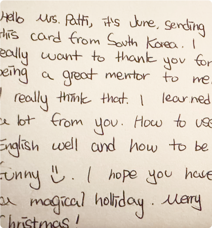 Handwritten thank you card from South Korea, expressing gratitude for mentorship, learning English skills, and wishing a magical holiday and Merry Christmas.