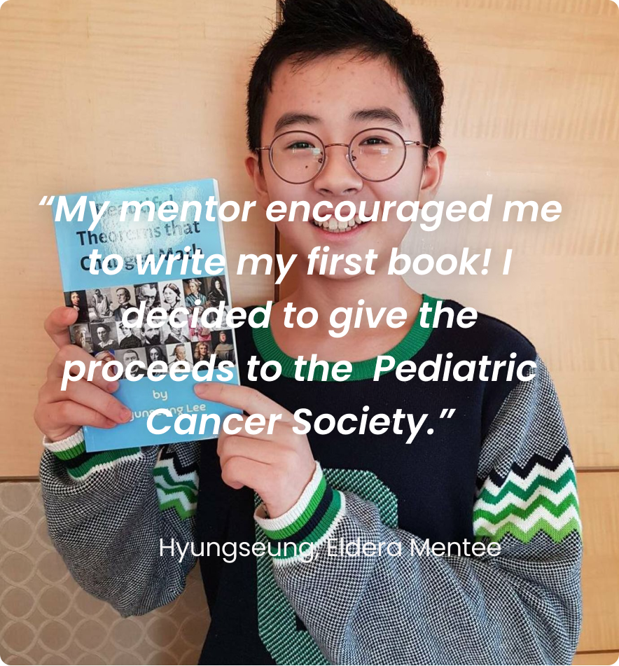 Young person smiling, holding a book titled "Theorems that Change the World" with text overlay about donating proceeds to a pediatric cancer society.