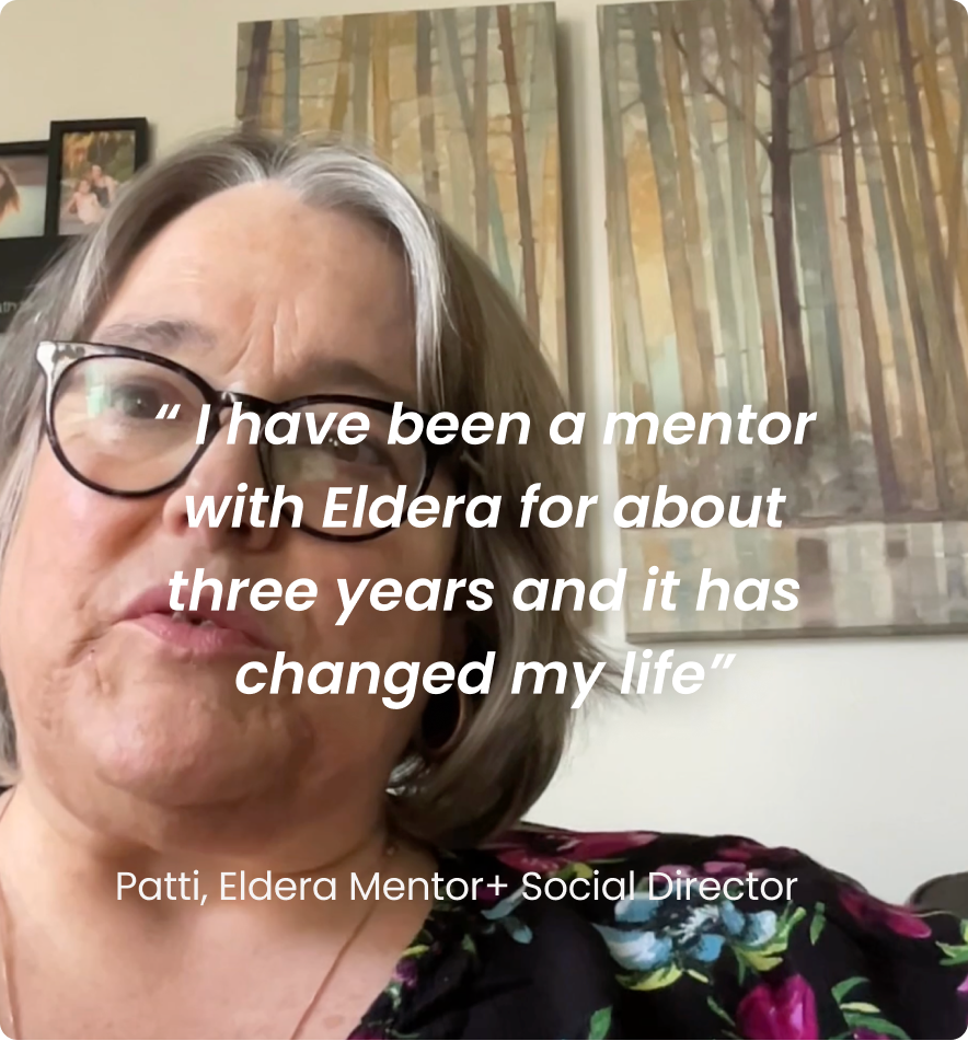 Woman with glasses sharing testimonial about Eldera mentoring experience.