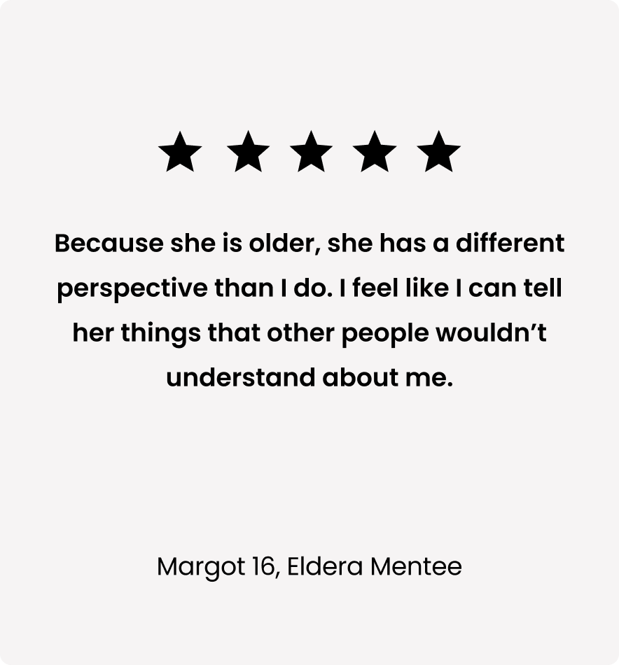 Quote with five stars above it, saying "Because she is older, she has a different perspective than I do. I feel like I can tell her things that other people wouldn’t understand about me." Attributed to Margot 16, Eldera Mentee.