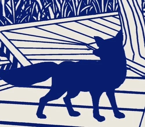 A graphic design featuring an image of a fox against a dark blue background.