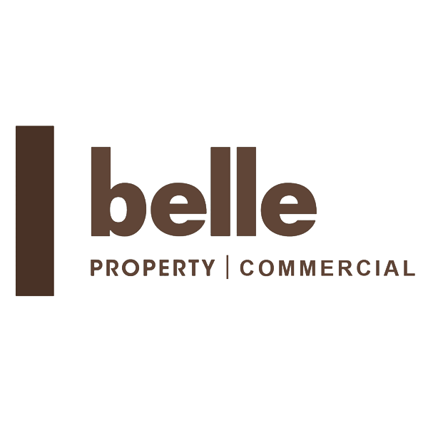 Logo for Belle Property Commercial, featuring a vertical brown rectangle, the word 'belle' in large lowercase letters, and 'PROPERTY | COMMERCIAL' in smaller uppercase letters underneath.