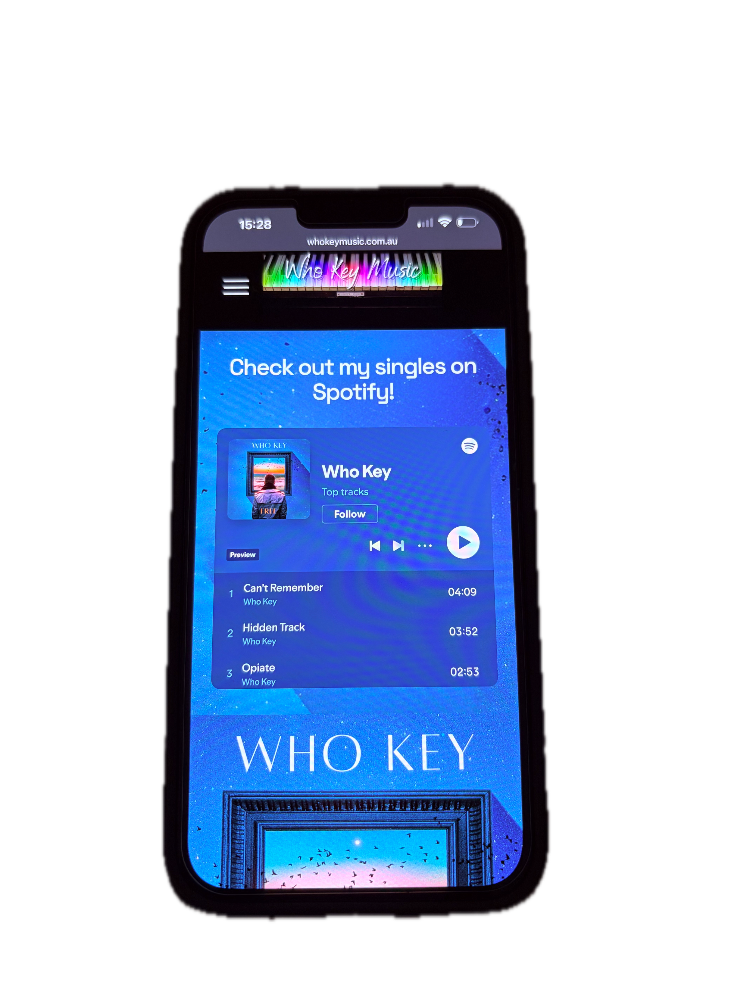 A smartphone screen displaying a music streaming app on a black background. The app shows album art for Who Key's single, with track details and playback controls.
