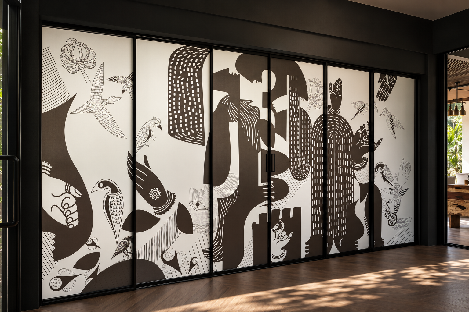 Hand-painted glass panel with folk motifs