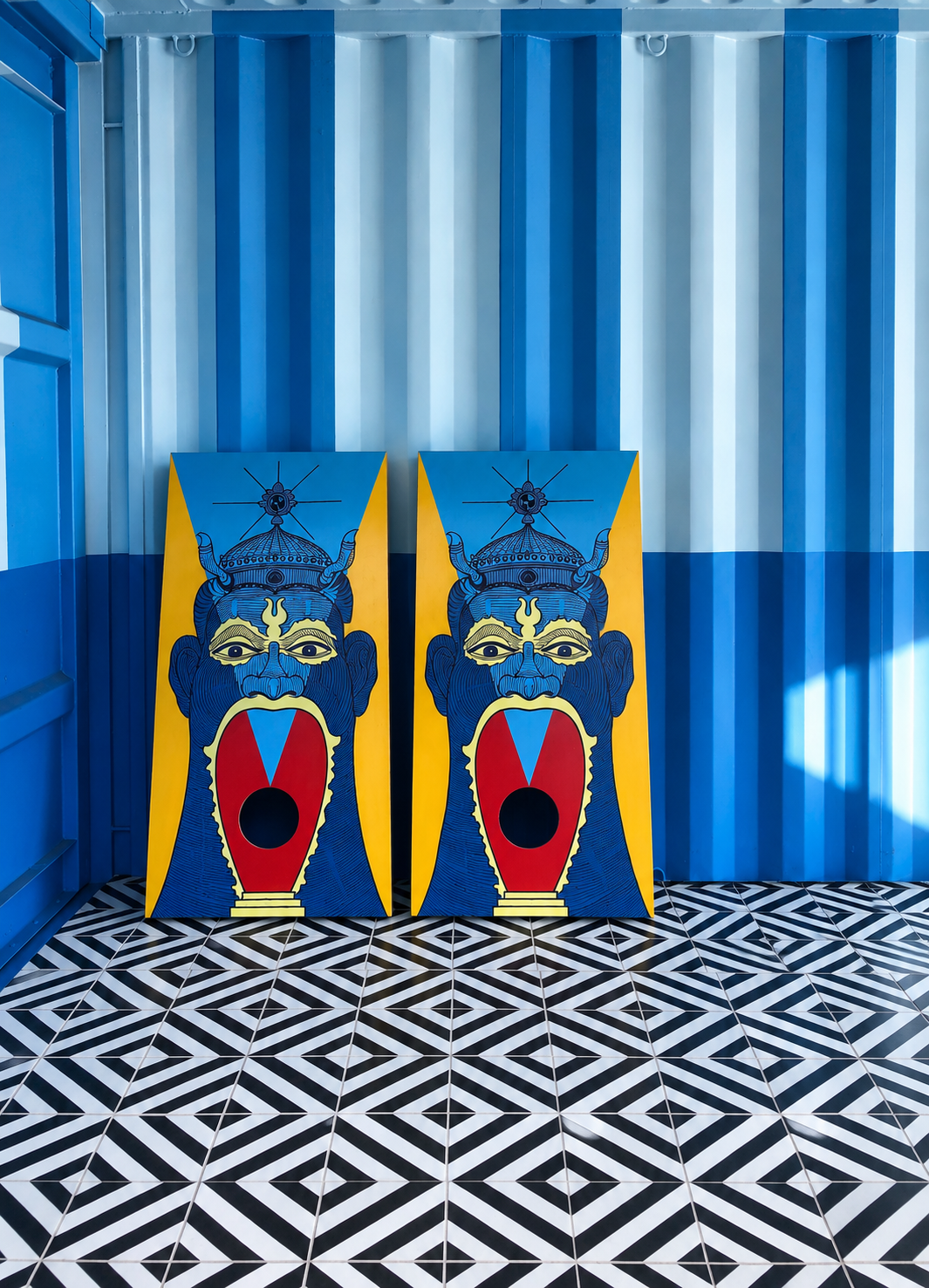 Hand-painted blue figurative panels