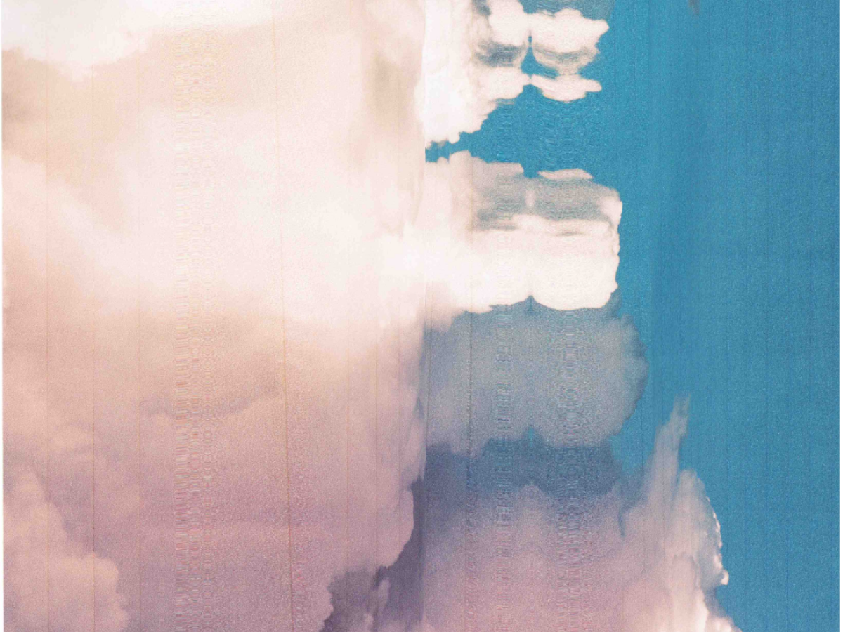 Pink, stylized clouds on a blue sky with a warped, retro filter