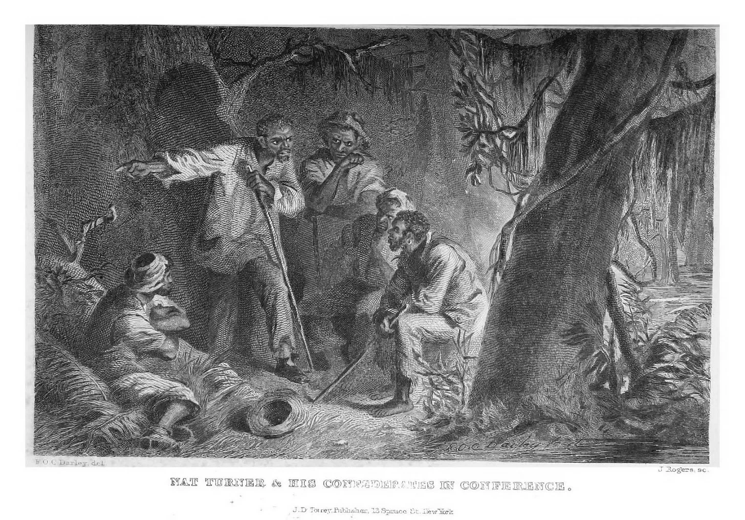 black and white drawing of five black people gathered in the woods among trees, captioned "Nat Turner and His Commanders in Conference"