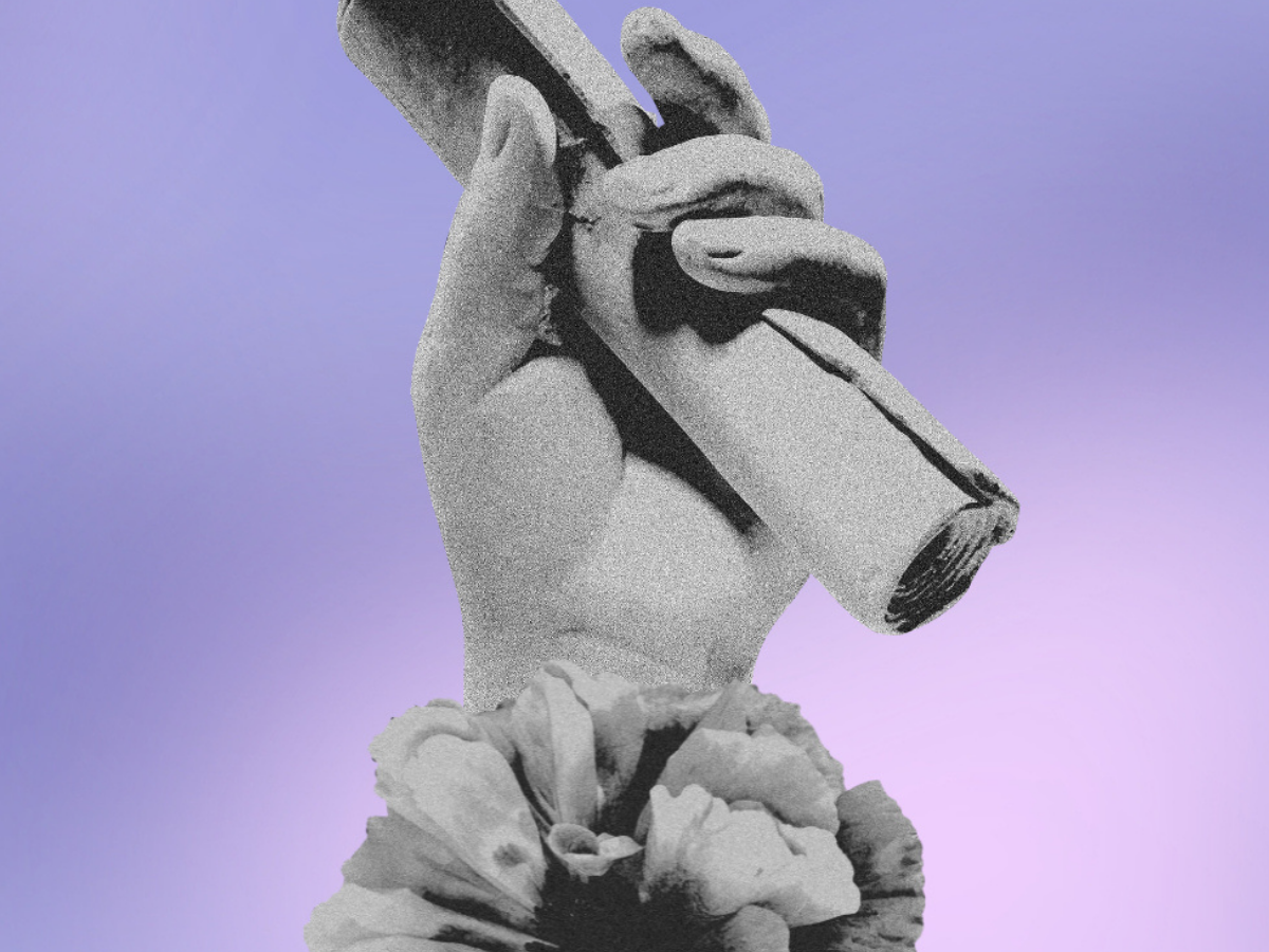 A grayscale hand holds a scroll in front of a pink and lavender gradient background.