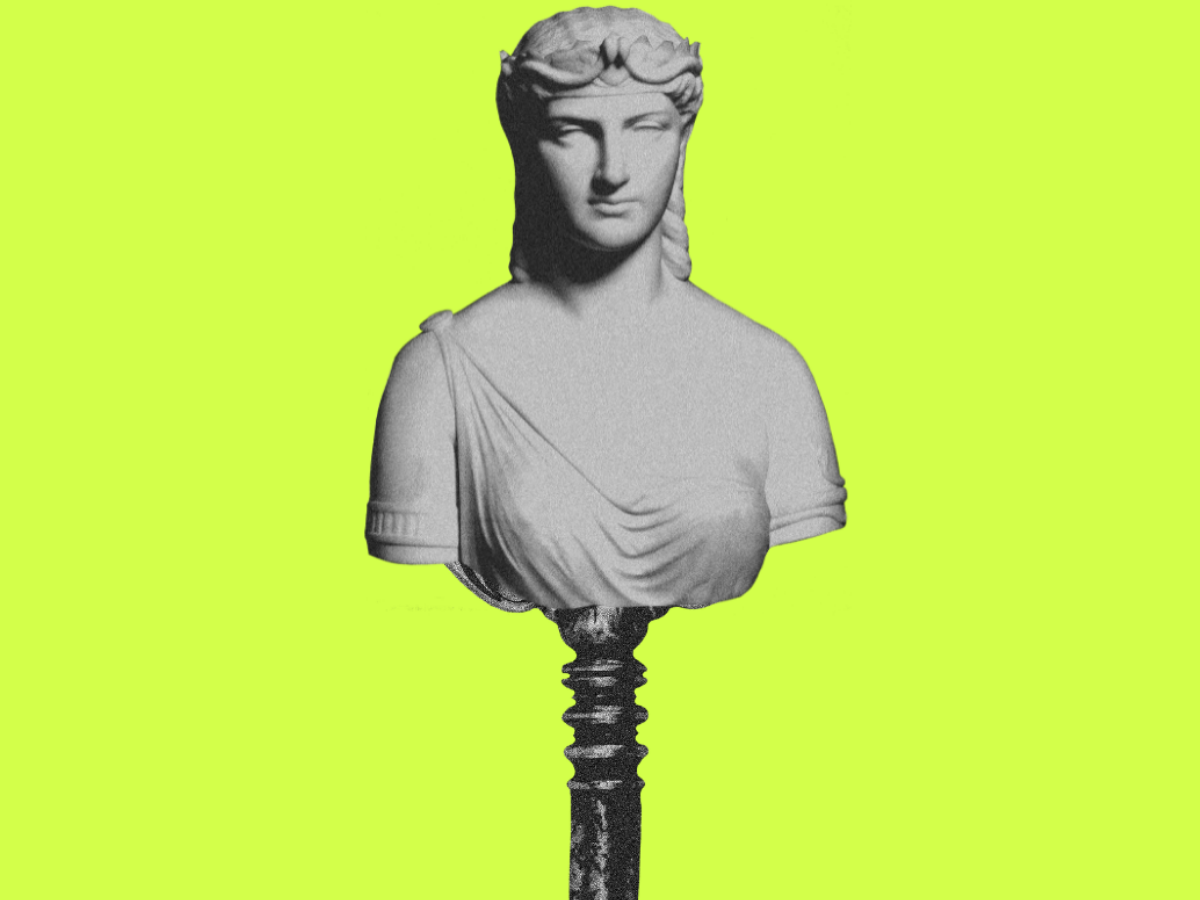 A bust sculpture of a queenly figure atop a key on a lime green background