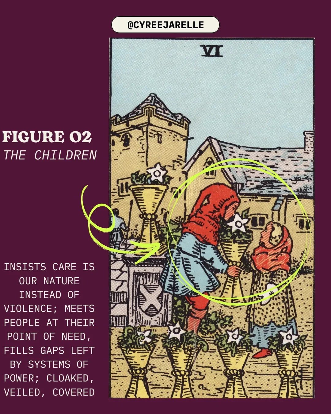 graphic showing the six of cups tarot card. text reads: "figure 02, the children. insists care is our nature instead of violence; meets people at their point of need, fills gaps left by stsems of power; cloaked, veiled, covered"