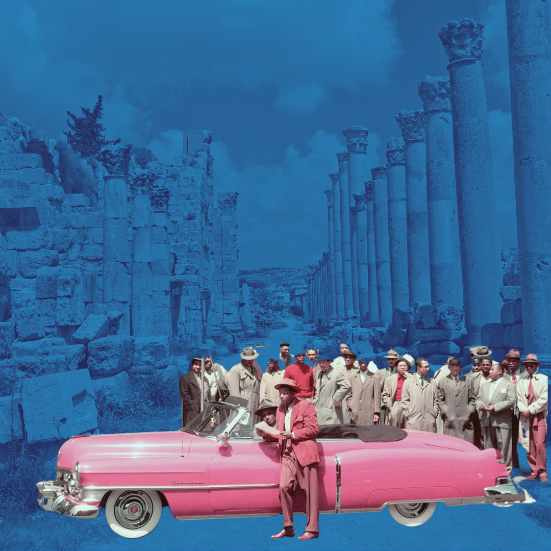 A sharply dressed man standing by a pink Cadillac with a crowd looking on.