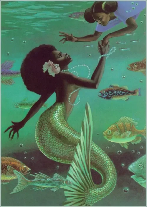 a black mermaid with a long green-golden tale reaches upwards towards a young child who is holding the mermaid's hand and floating downwards. the mermaid wears pearls around their wrists and neck, and the child wears a lavender shirt.