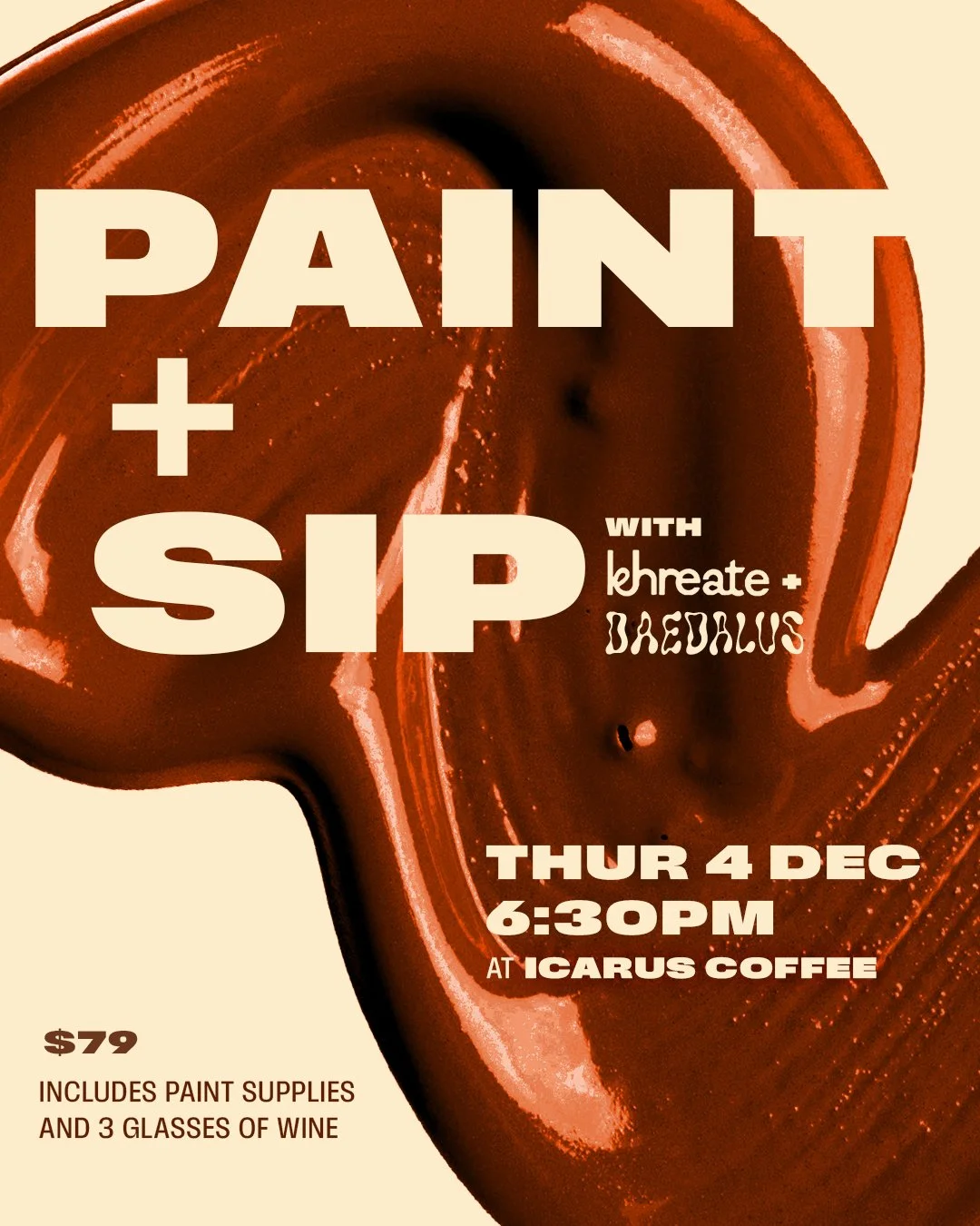 Chill out with a splash of wine and colour 🍷🎨

Join @khreate_  and Daedalus at the cute @icarus.coffees  space for a relaxed night of creativity, delicious wine and good company. No experience needed!

Thursday 4 December 6:30pm
At Icarus Coffee, C