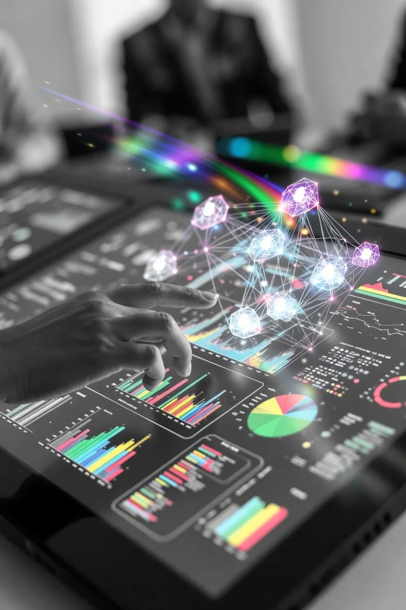 A person's hand is interacting with a digital tablet displaying various colorful charts and graphs. A holographic network of interconnected nodes and geometric shapes is emerging above the screen, with a rainbow light beam projecting from the top left.