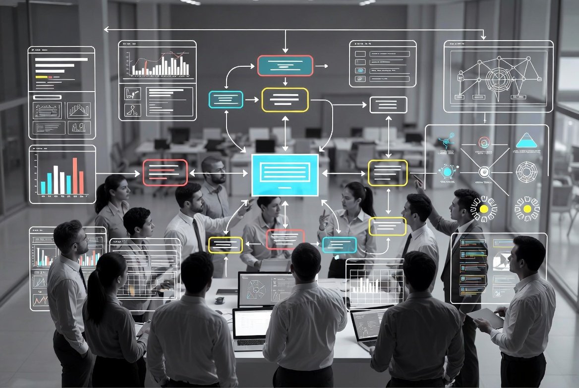A group of business professionals in a conference room looking at a digital flowchart overlay showing graphs, charts, and data connections.