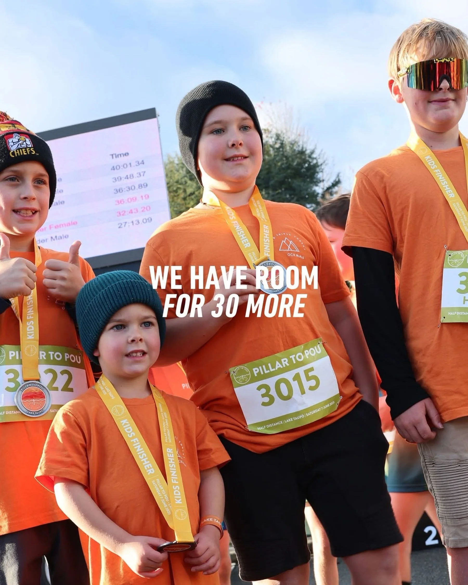 Just 30 kids&rsquo; entries remain. 

When they&rsquo;re gone, they&rsquo;re gone. 

If you&rsquo;ve been thinking about getting your 4-15 year old involved, now&rsquo;s the time. 

Register: pillartopou.com

4pm Friday 12 June. 
1.8km, 3.65km, or th
