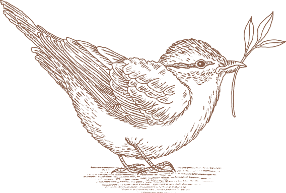 Illustration of a bird holding a sprig in its beak, perched on a surface.