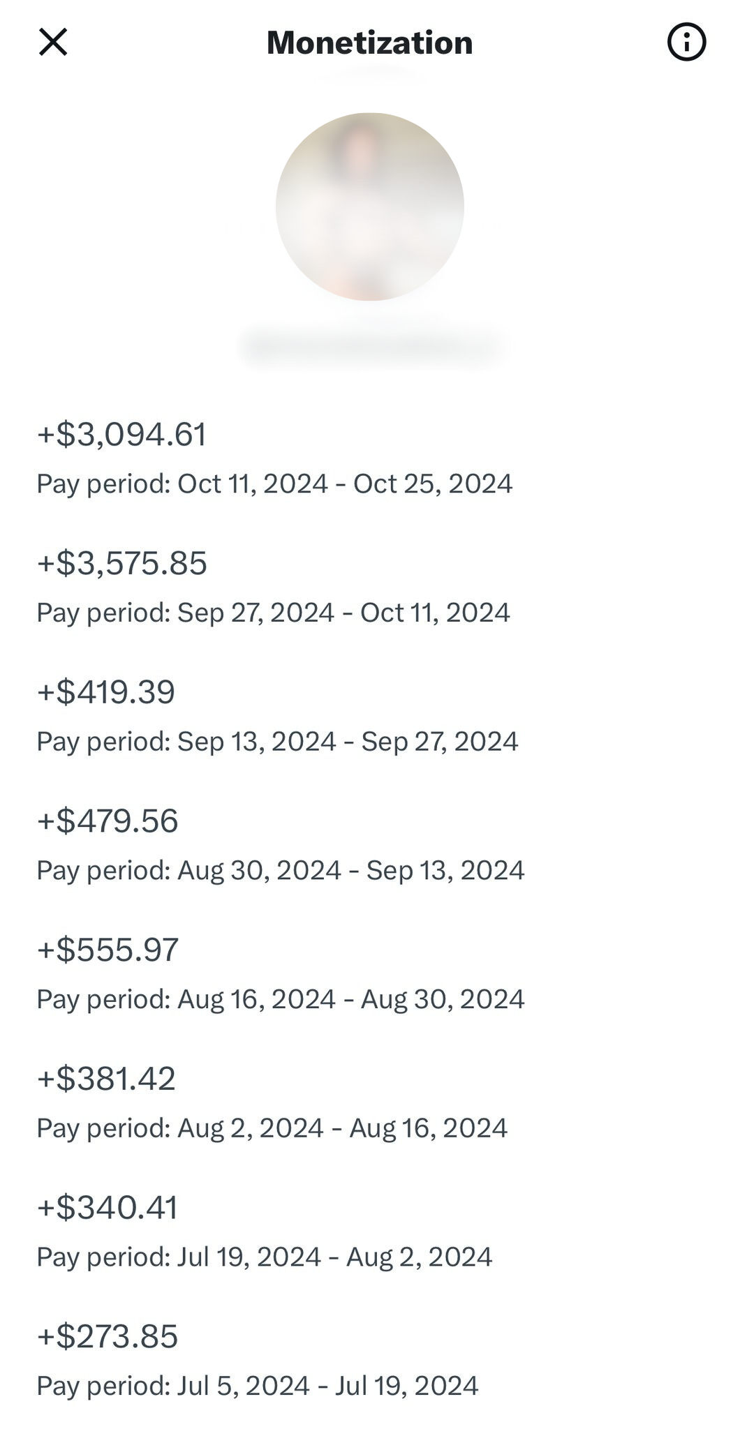 Screenshot of a monetization earnings page showing various payment amounts and corresponding pay periods from July to October 2024.