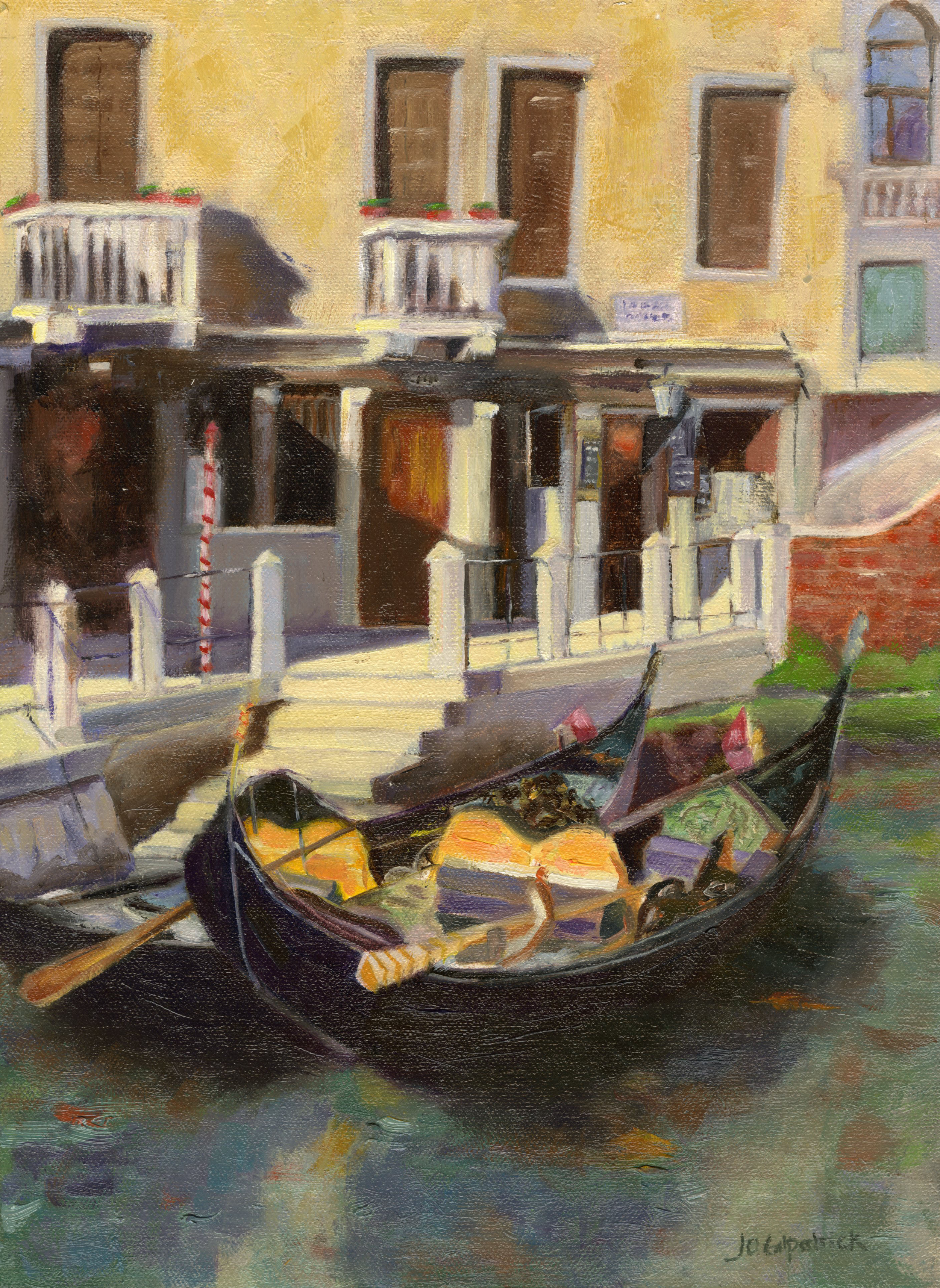 Painting of a gondola docked on a canal with a yellow building in the background. The building has balconies with flower boxes, and a small staircase leads down to the water. The scene is depicted in a colorful, impressionist style.