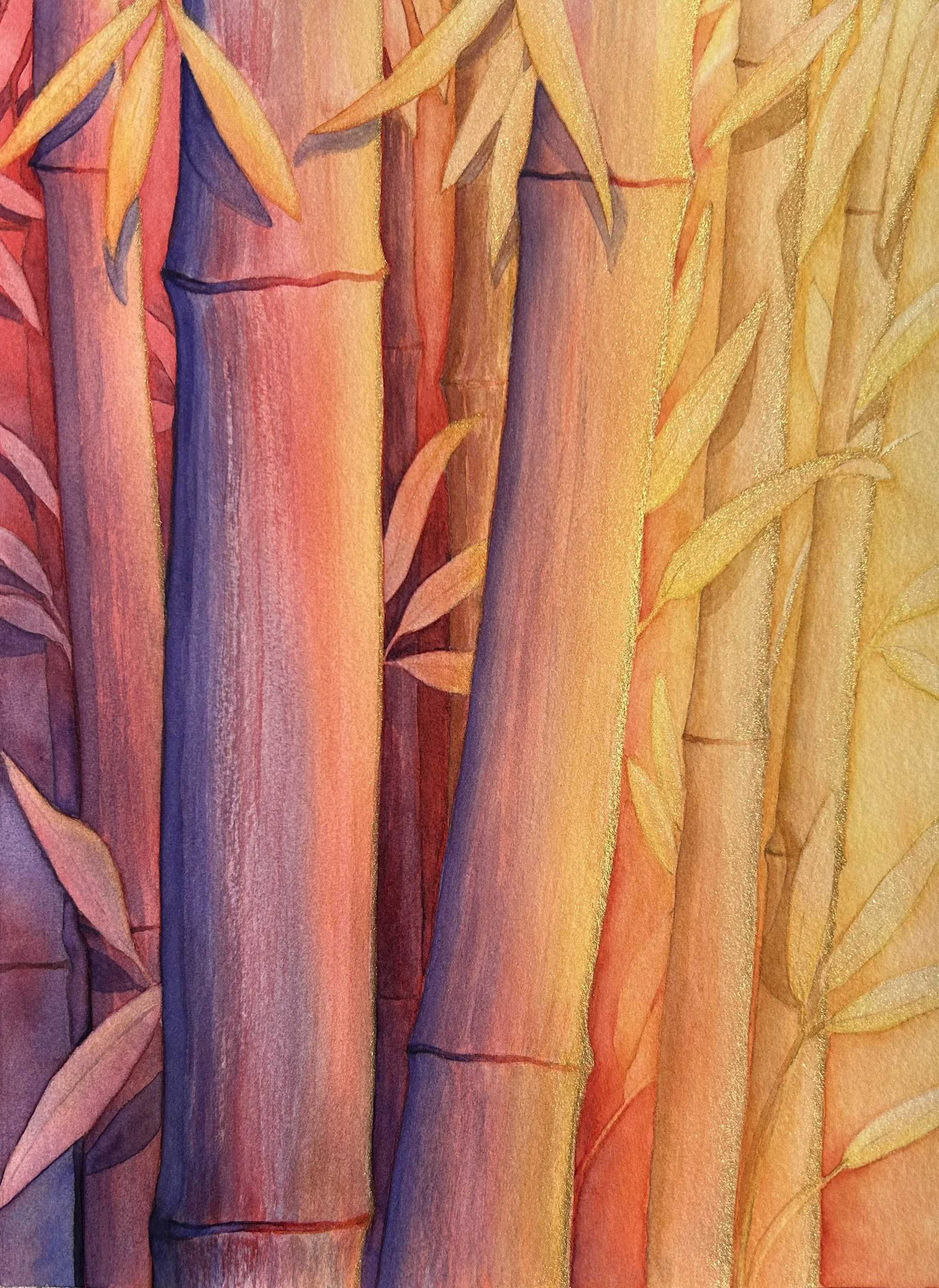 Watercolor painting of bamboo stalks with green and yellow leaves in warm tones of orange, pink, and purple.