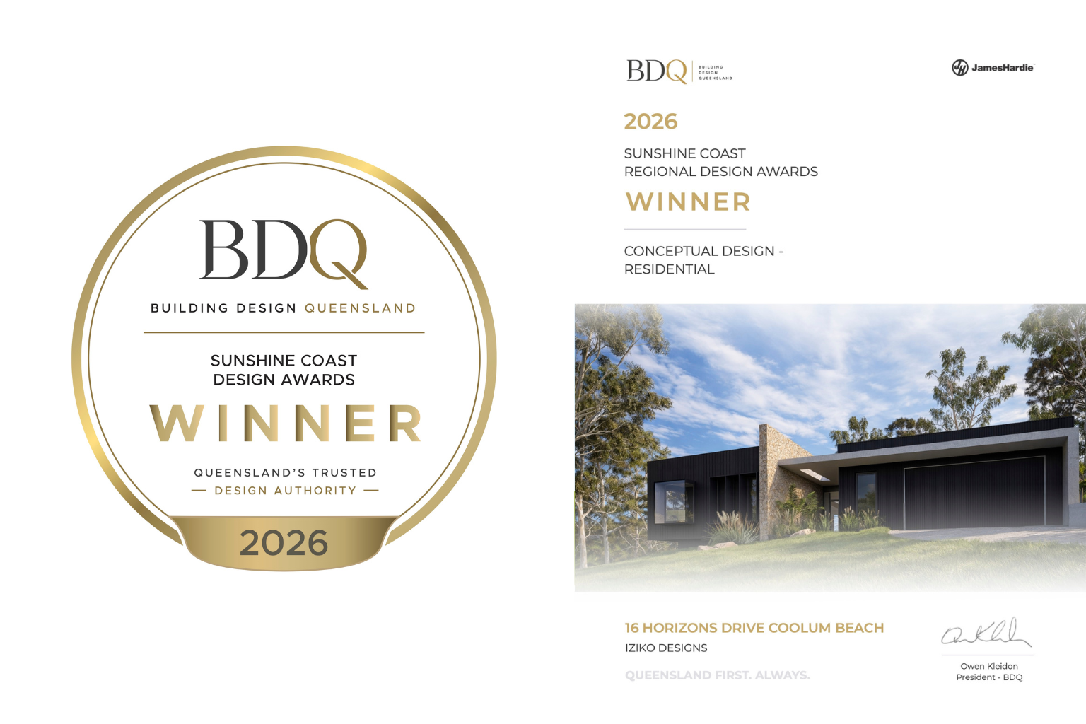 Building Design Queensland 2026 winner certificate for the 16 Horizons Drive home design at Coolum Horizons