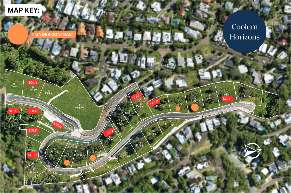 Aerial view of a residential development with lots marked off, some with 'SOLD' labels, others with 'UNDER CONTRACT' label, and some still available. The map shows lot sizes, with a surrounding neighborhood of houses and streets. The map key indicates different labels, and the map orientation includes a north arrow. There is a large label 'Coolum Horizons' on the right side of the image.
