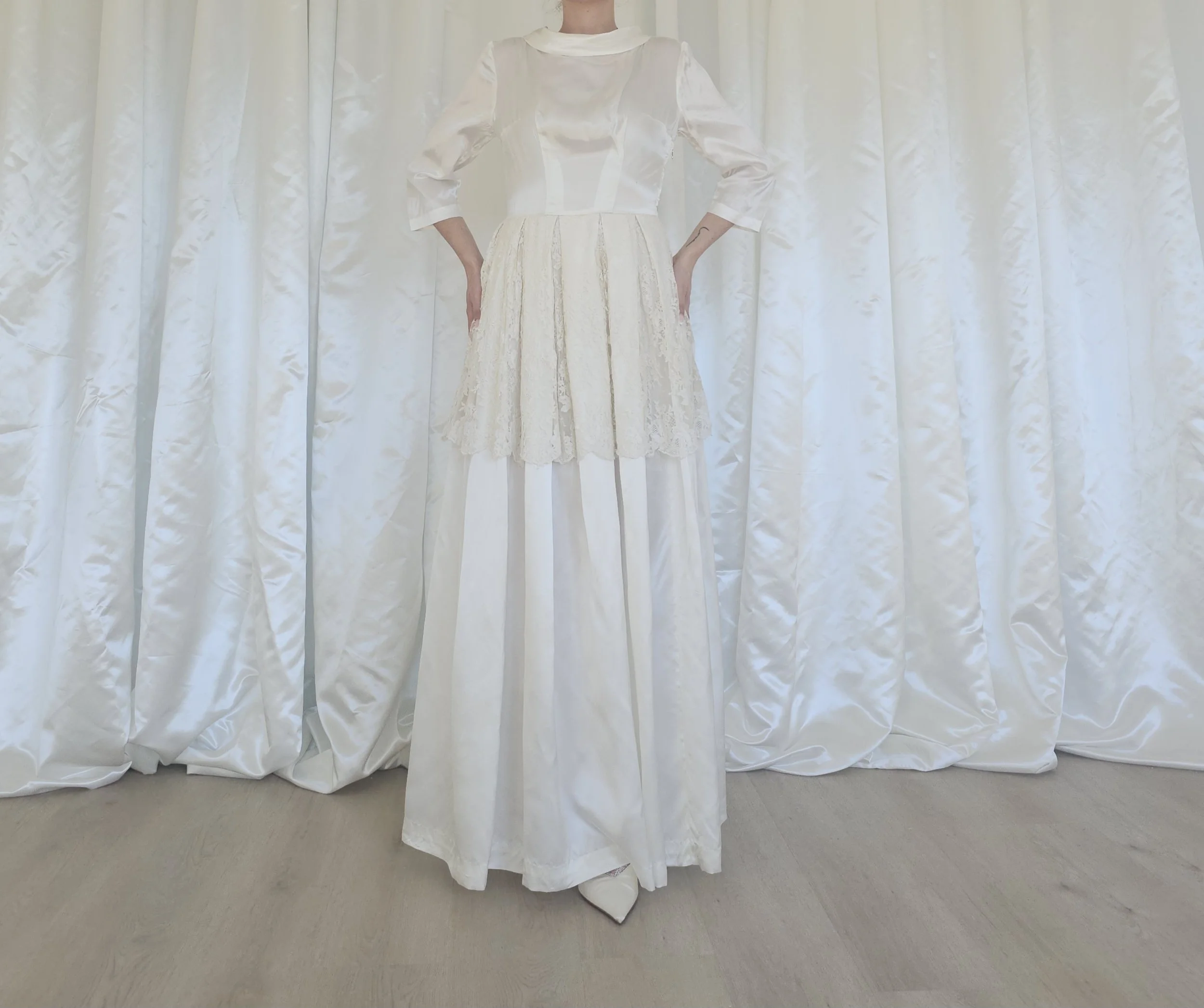 c. 1940s Ivory Satin & Lace Peplum Bridal Gown